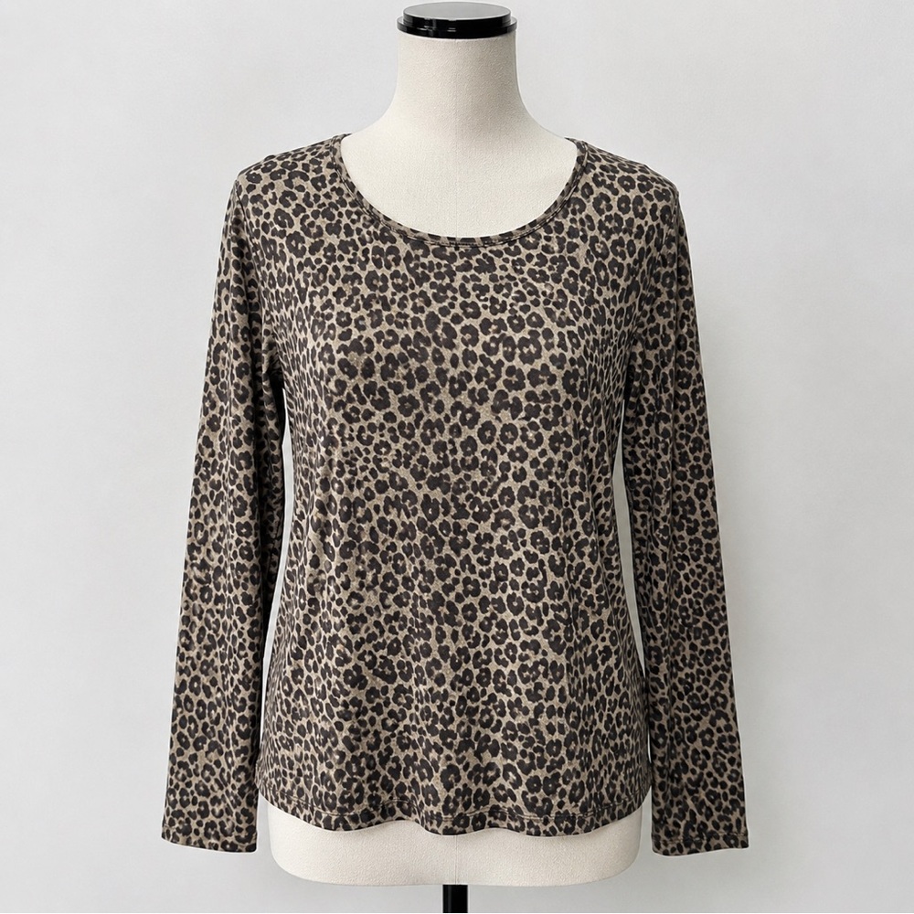 The Talbots Tee Shirt Top Leopard Tan Black Large Petite Long Sleeve Scoop Crew